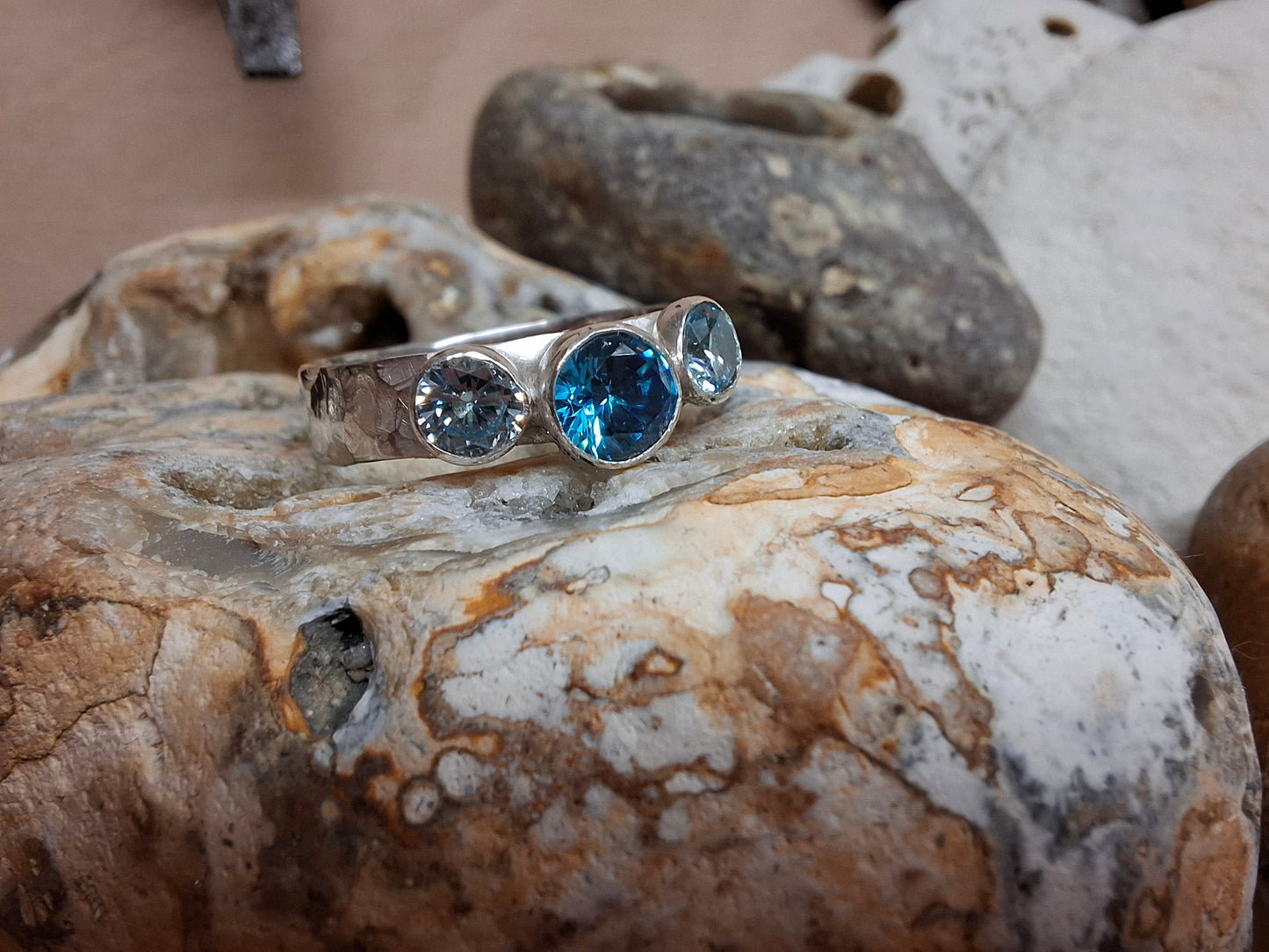 Aquamarine cubic zirconia & sterling silver hammered ring.