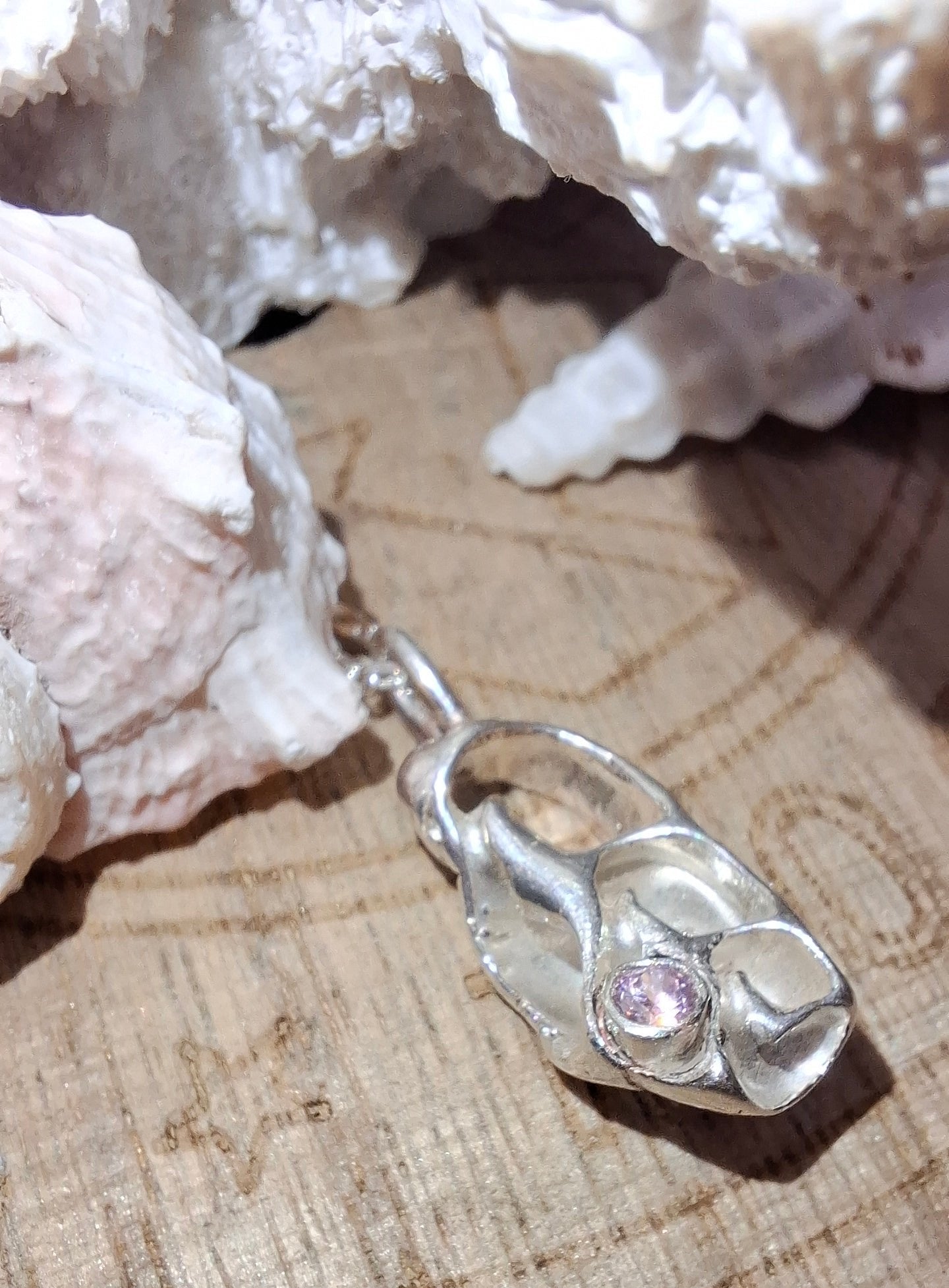 Silver Seashell Pendant with Pink Cubic Zirconia