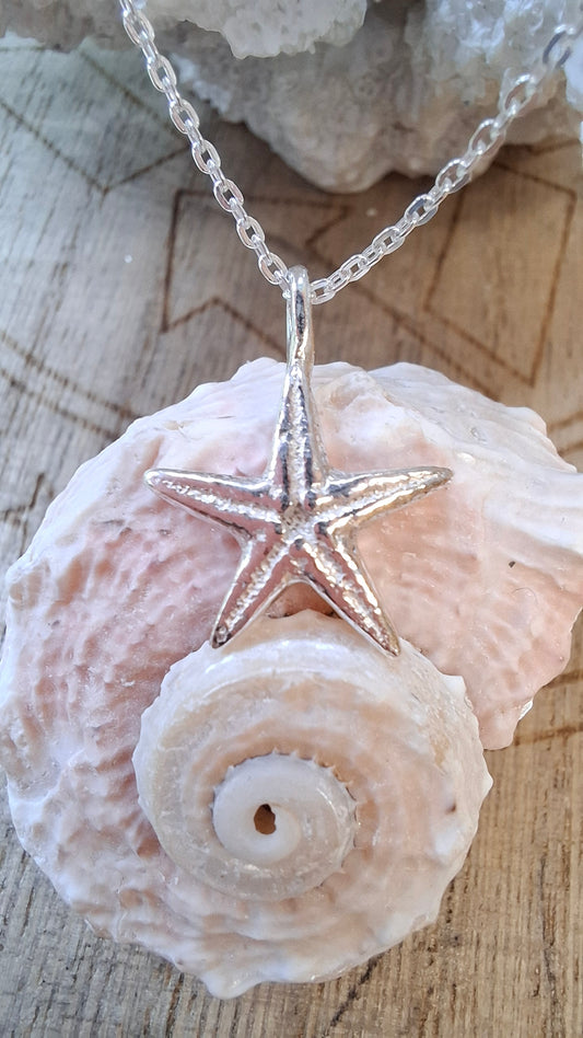 Cast silver starfish pendant with necklace