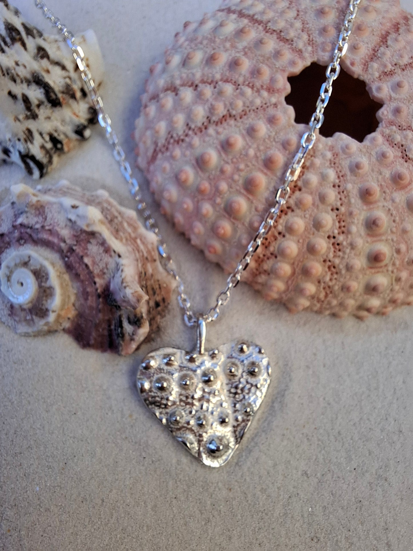 Cast Silver Sea Urchin Heart Pendant with Necklace