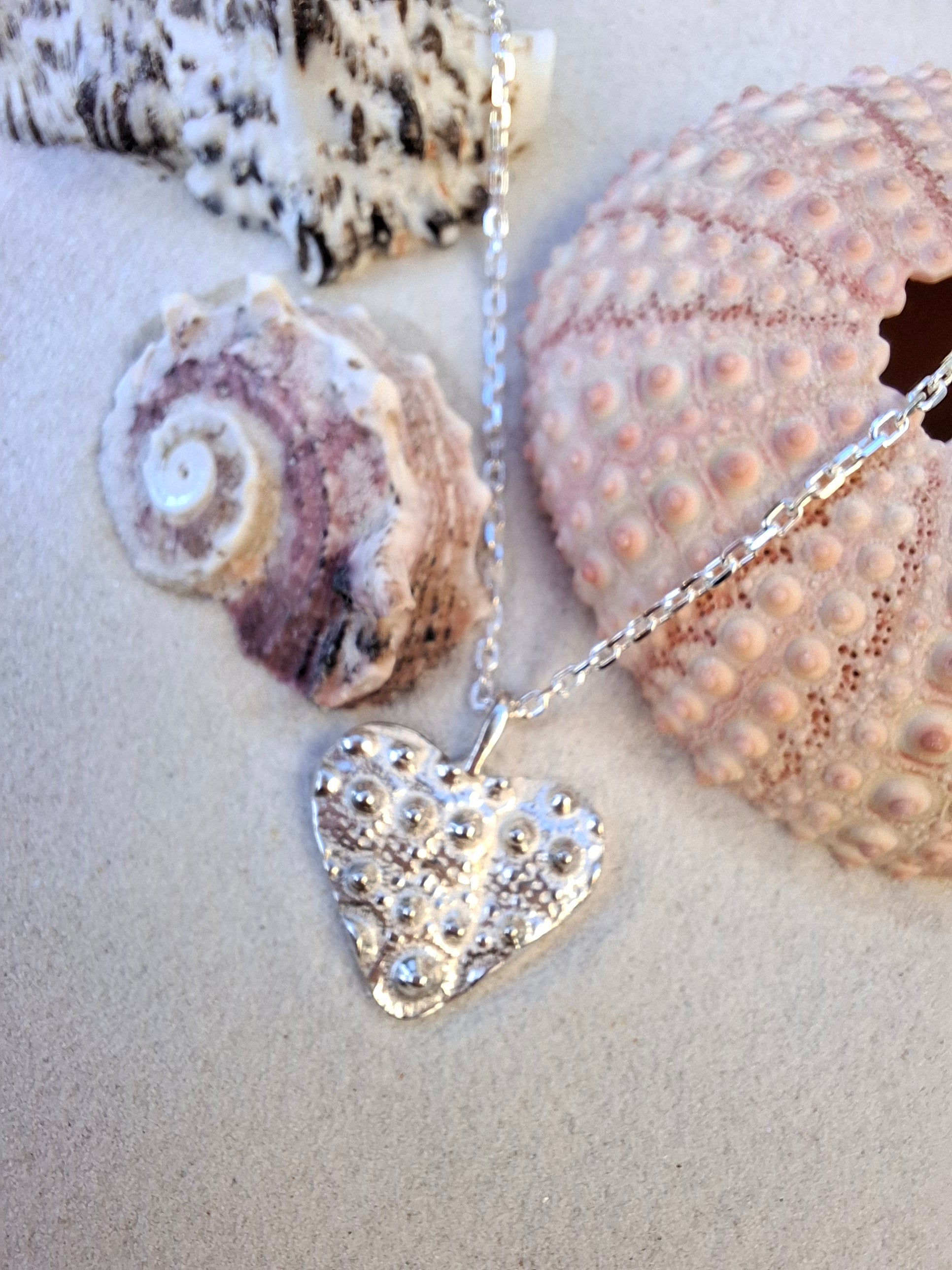 Cast Silver Sea Urchin Heart Pendant with Necklace