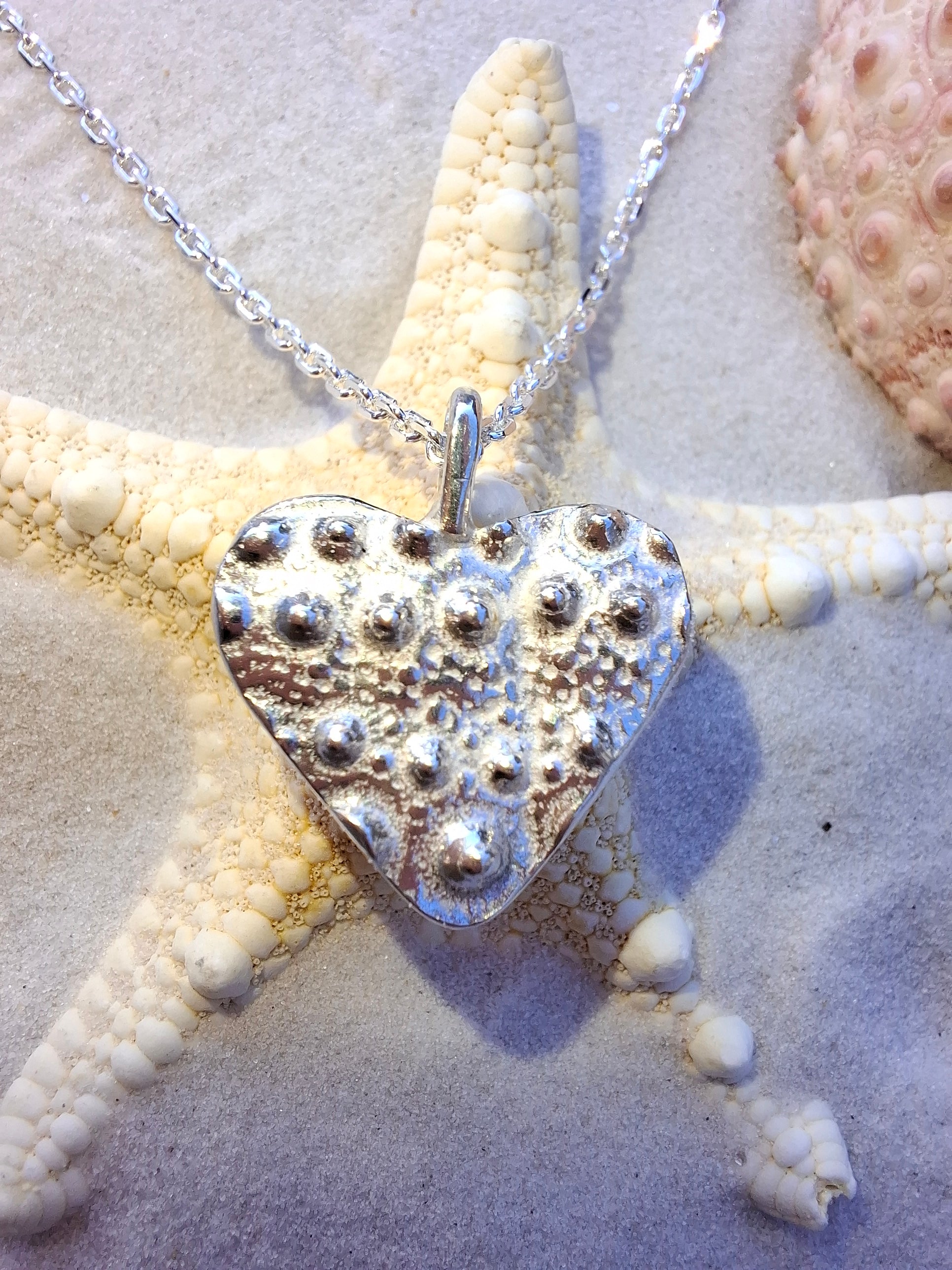 Cast Silver Sea Urchin Heart Pendant with Necklace