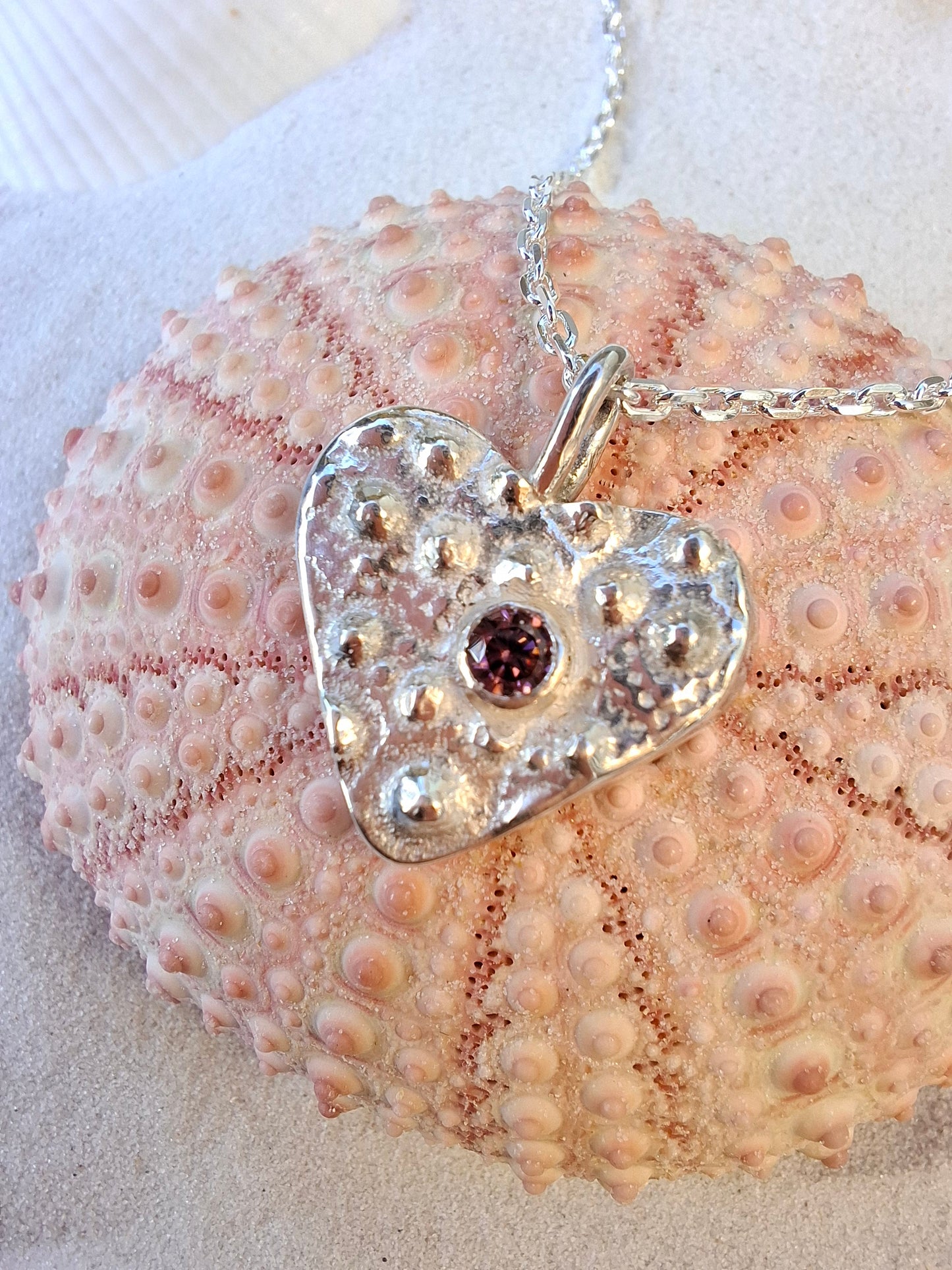 Cast Silver Sea Urchin Heart Pendant with Rose Pink Cubic Zirconia (with Necklace)