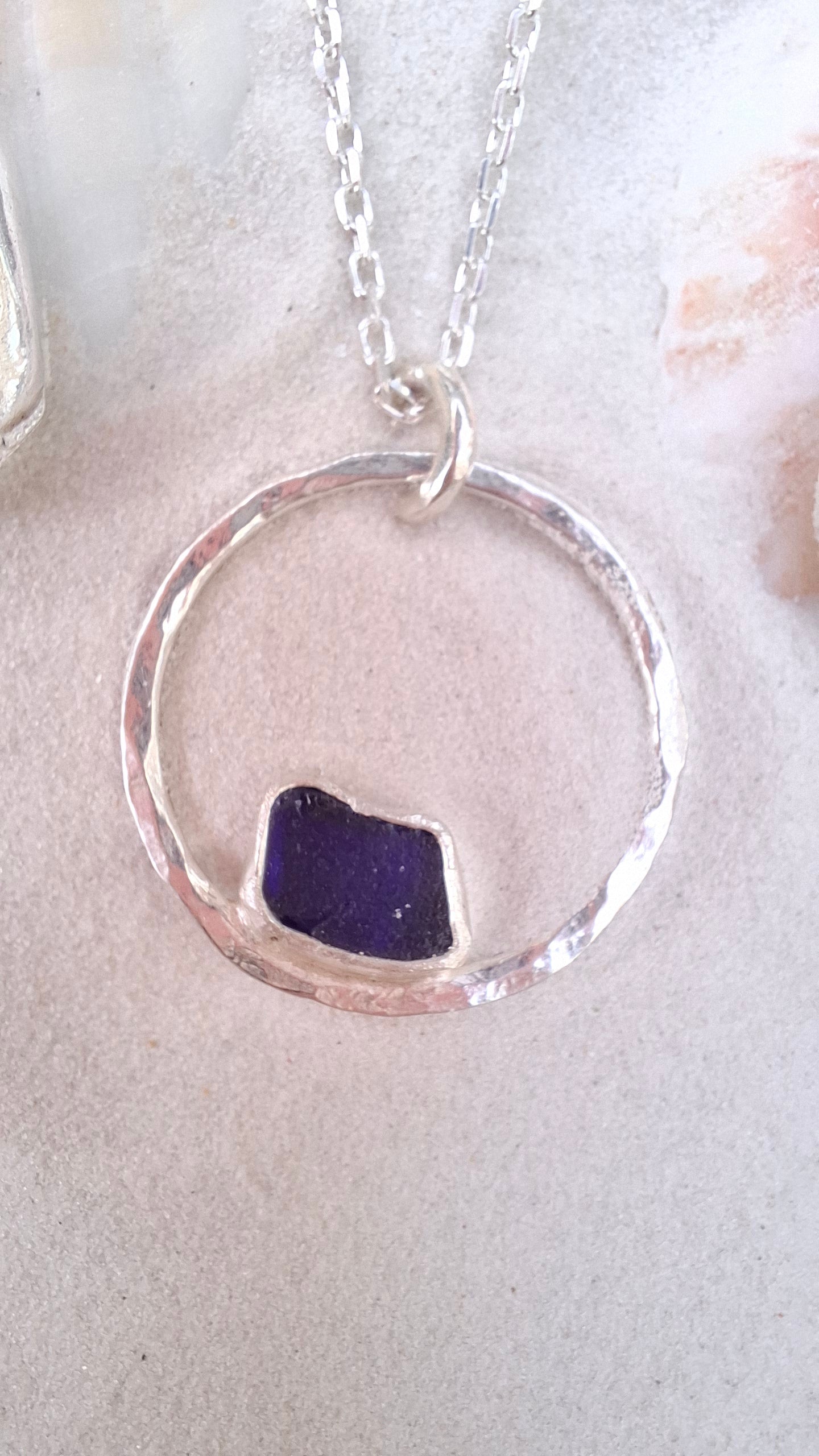 Royal blue seaglass hammered silver circle pendant