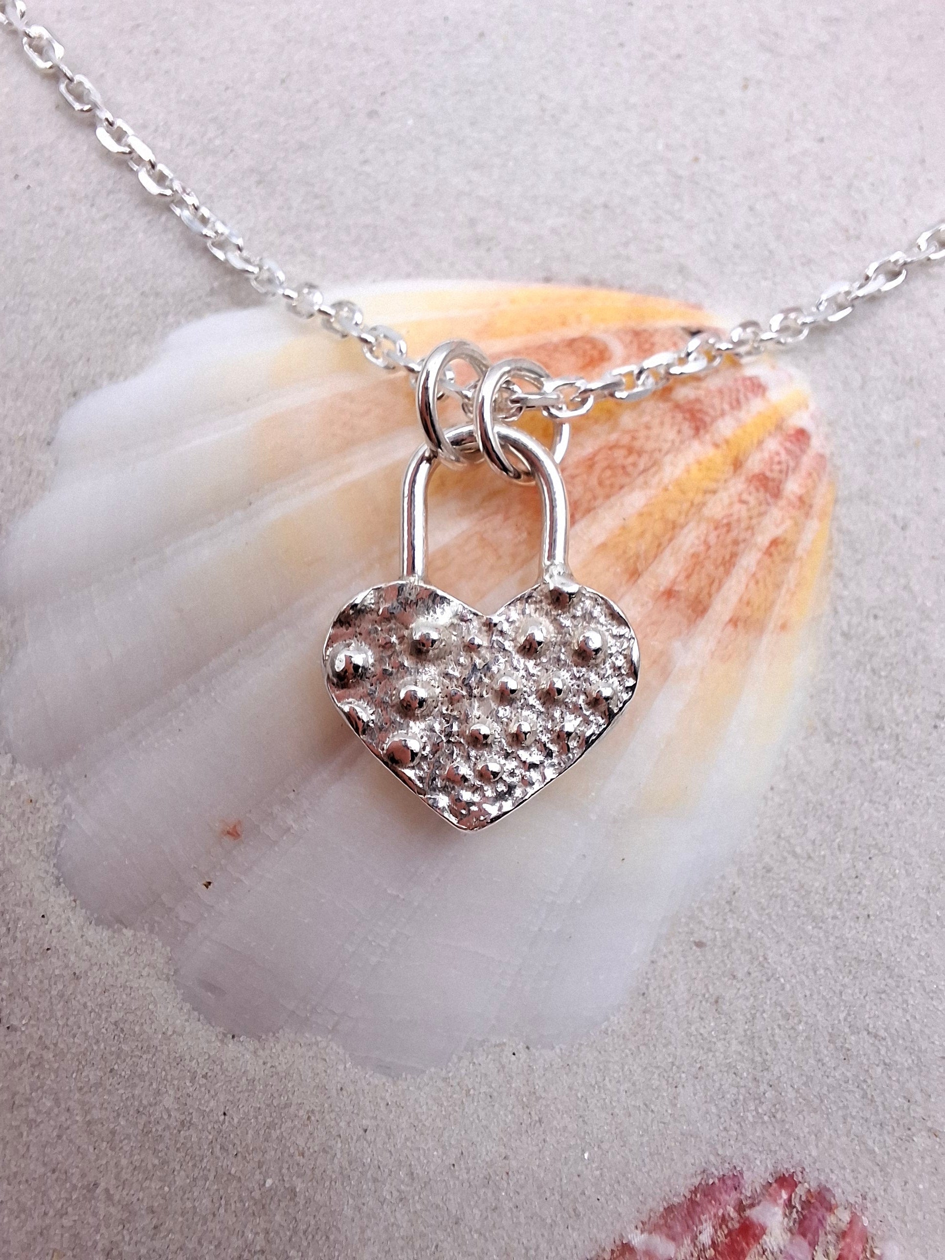 Silver Sea Urchin Shell Heart Padlock Style Pendant 