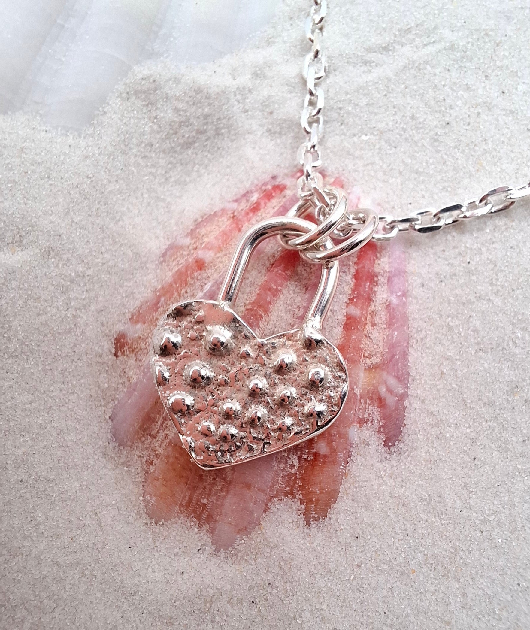 Silver Sea Urchin Shell Heart Padlock Style Pendant 