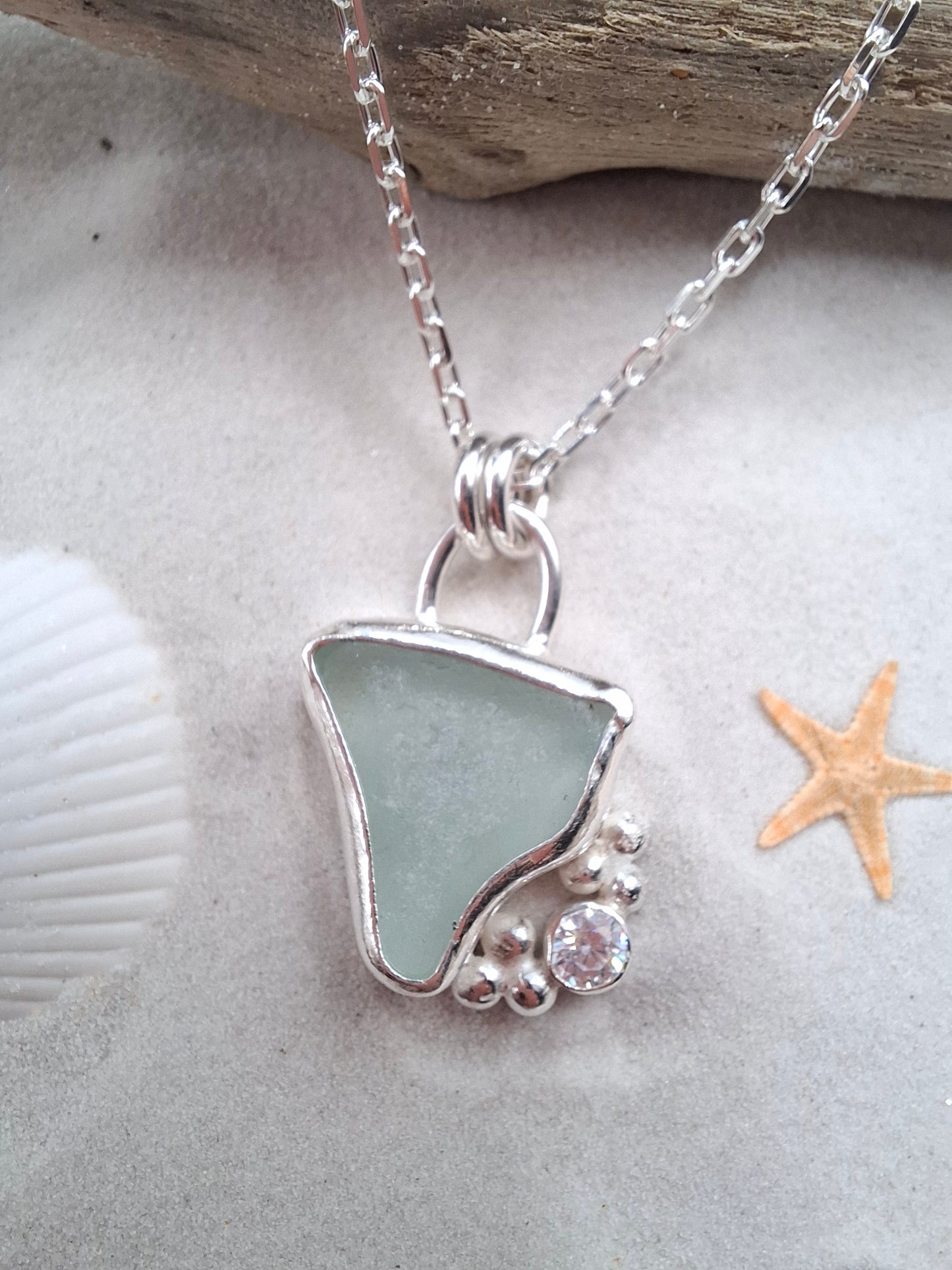 Large light blue seaglass & cubic zirconia pendant