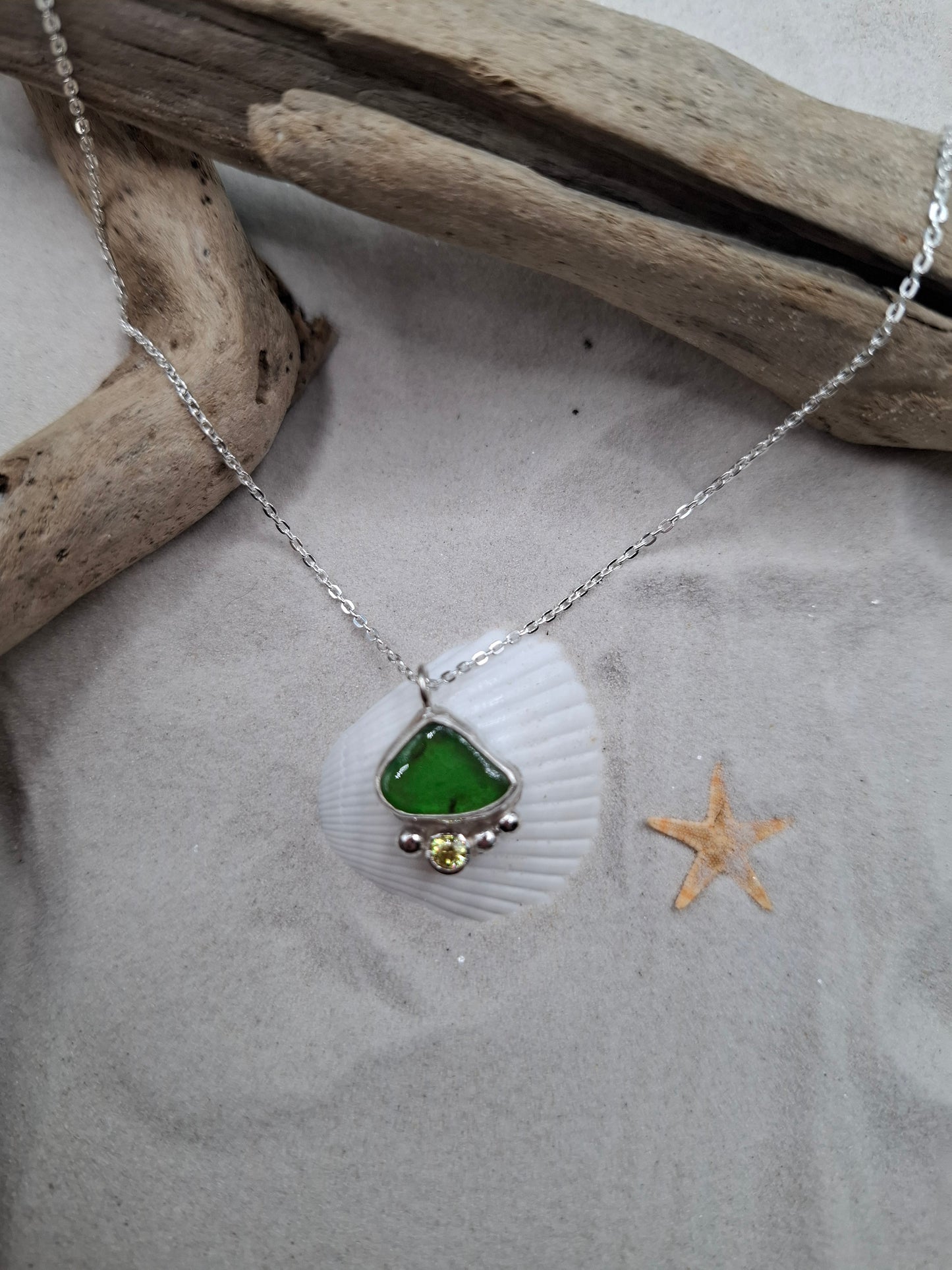 Green seaglass & peridot cubic zirconia pendant