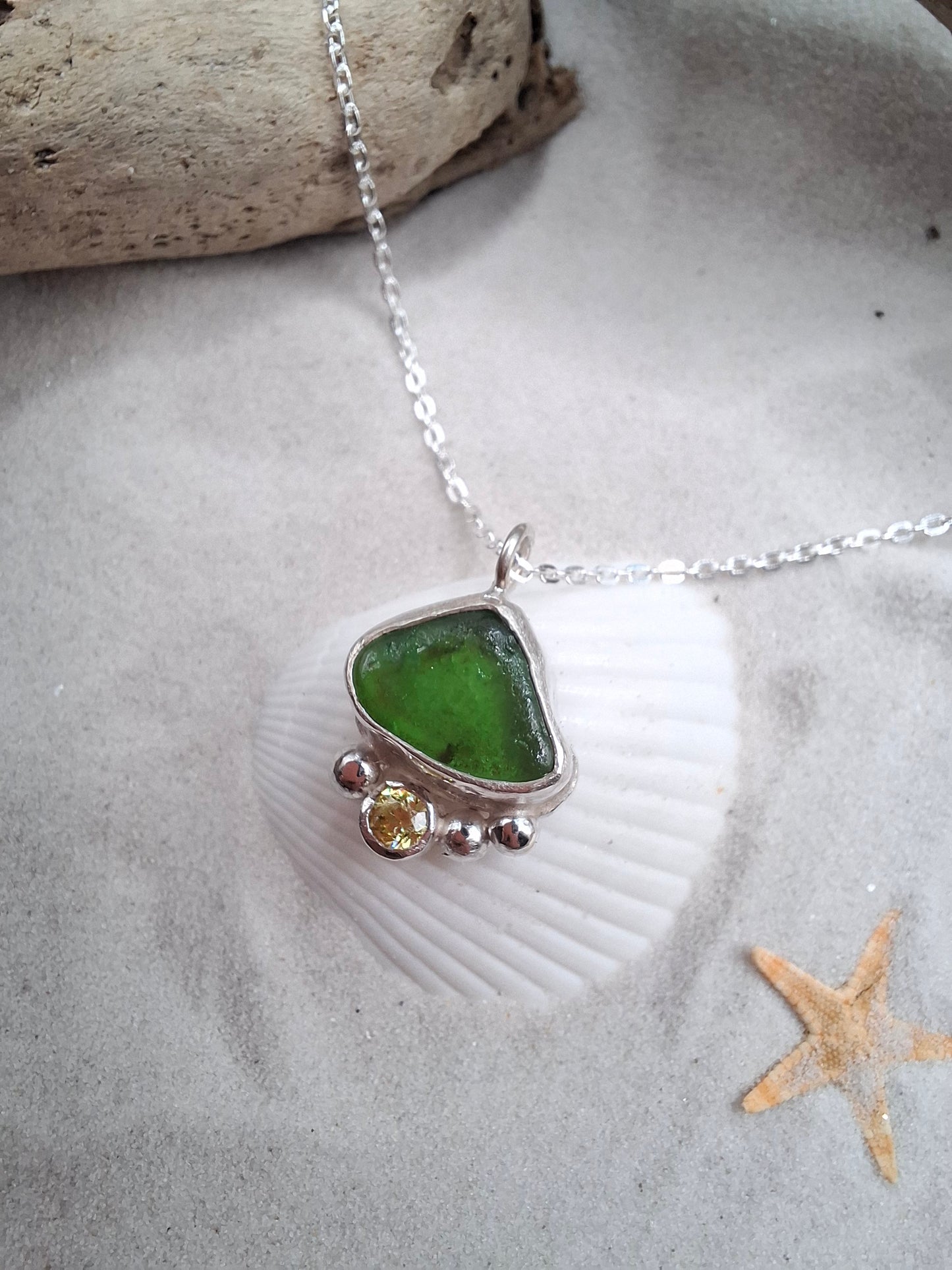 Green seaglass & peridot cubic zirconia pendant