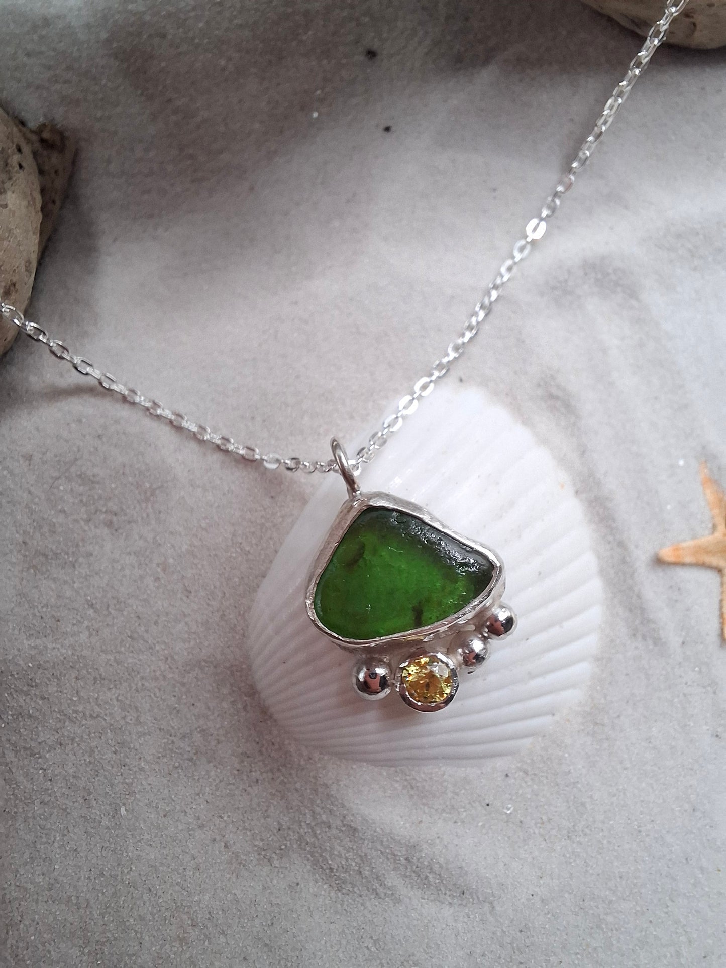 Green seaglass & peridot cubic zirconia pendant