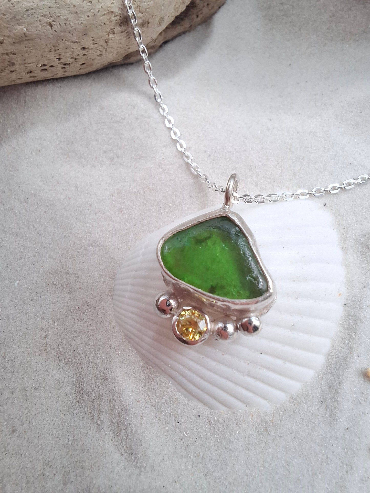 Green seaglass & peridot cubic zirconia pendant