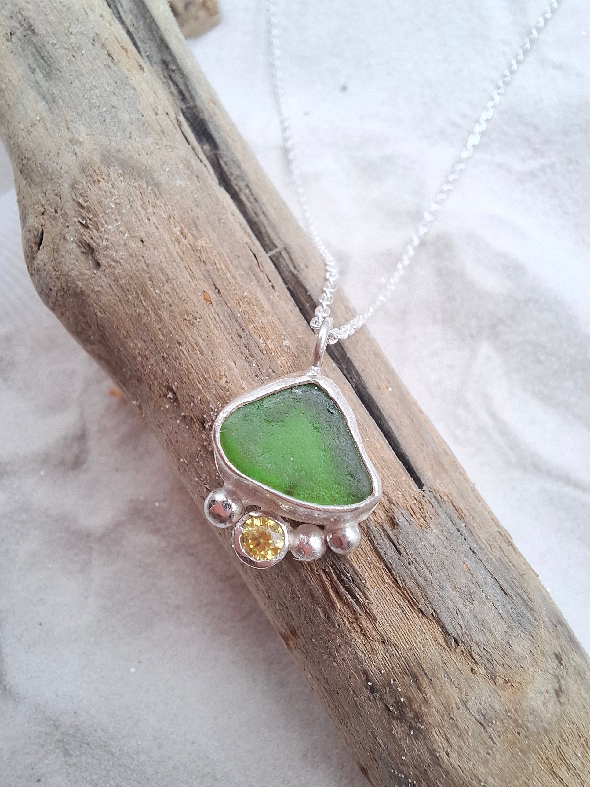 Green seaglass & peridot cubic zirconia pendant