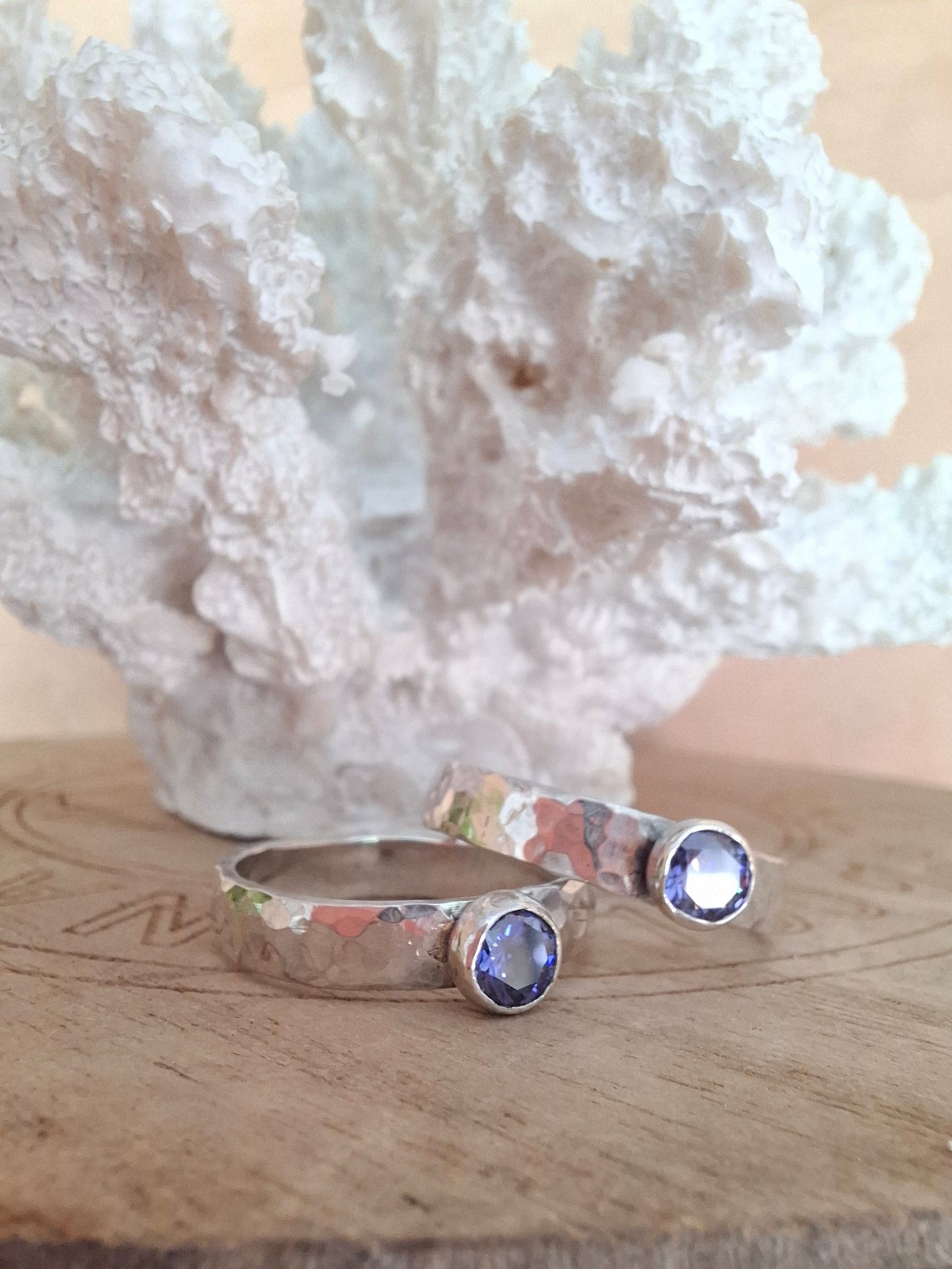 Handmade hammered silver & tanzanite cubic zirconia ring