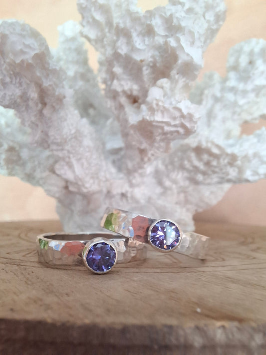 Handmade hammered silver & tanzanite cubic zirconia ring